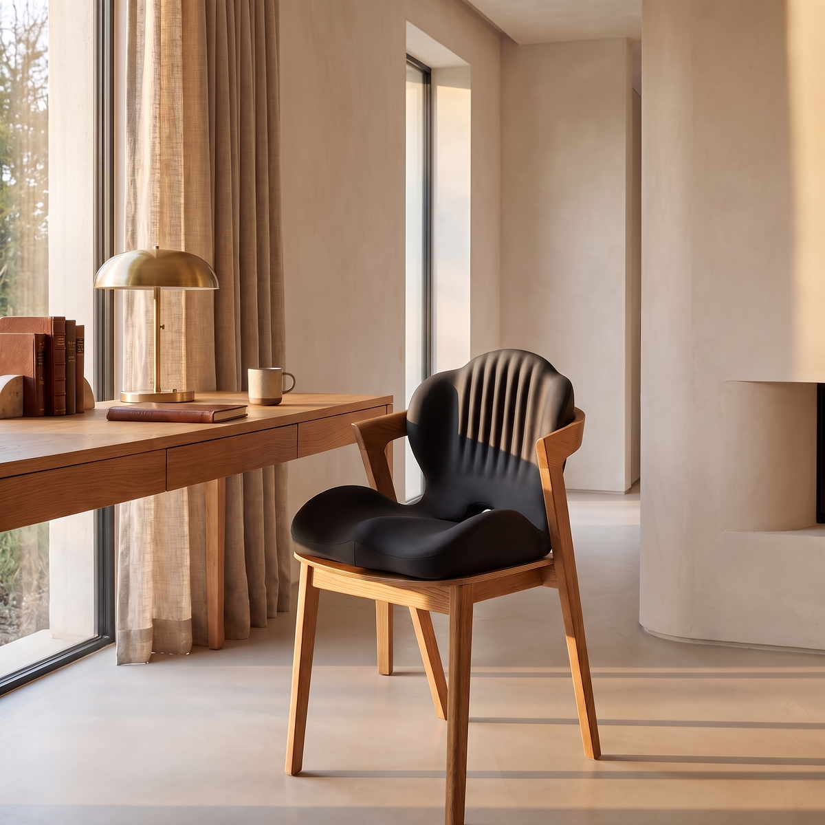 Contoured orthopaedic seat cushion on the seat of an oak dining chair pulled up to a desk