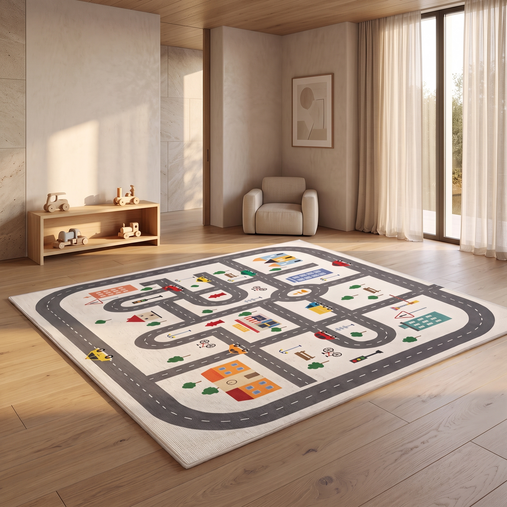 Printed kids road play mat rug laid on an oak floor in a bright uncluttered child's room