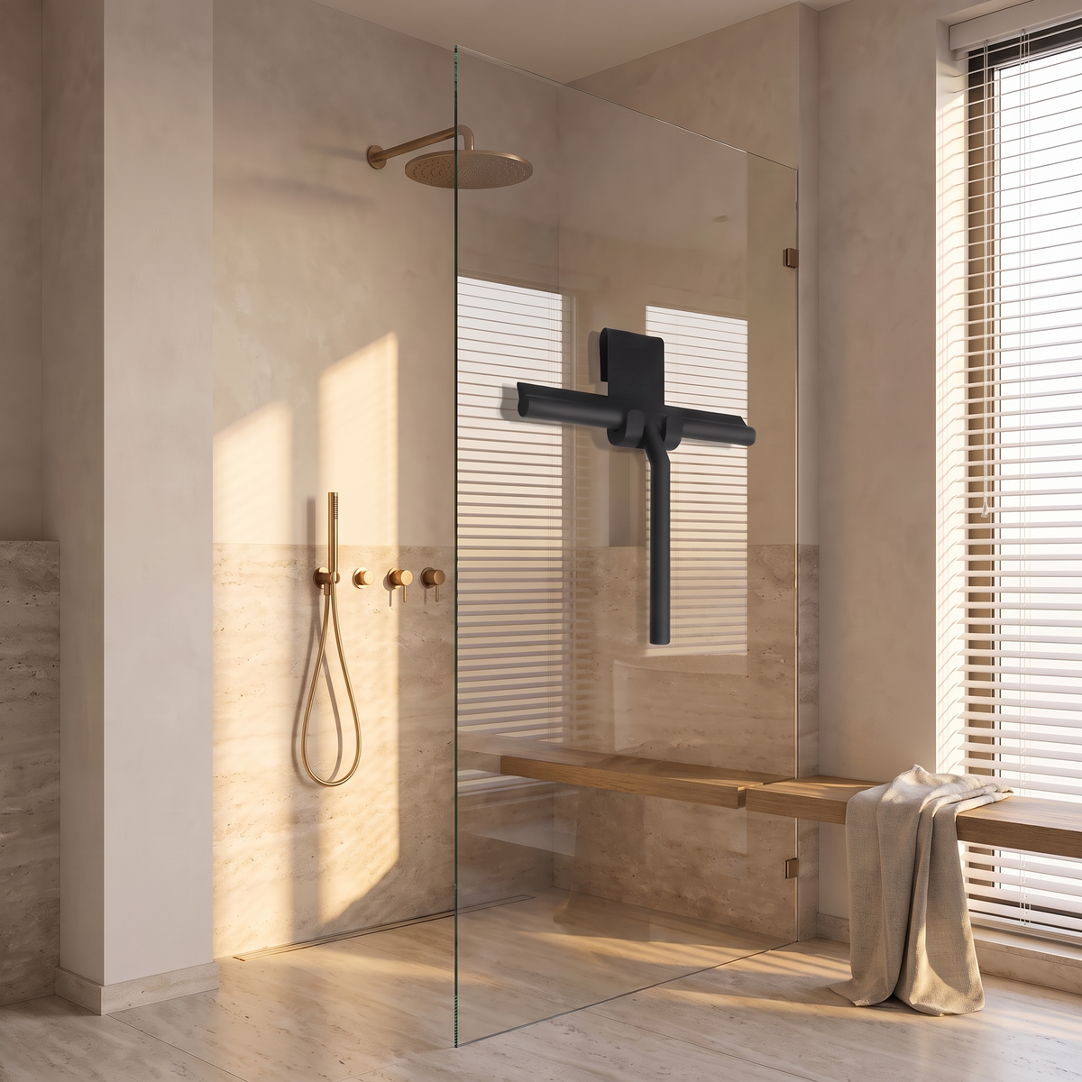 Silicone shower squeegee hanging on the glass of a stone walk in shower