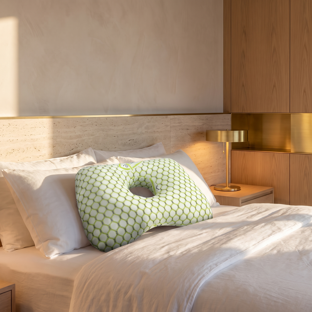Round ear piercing cushion pillow on white linen bedding