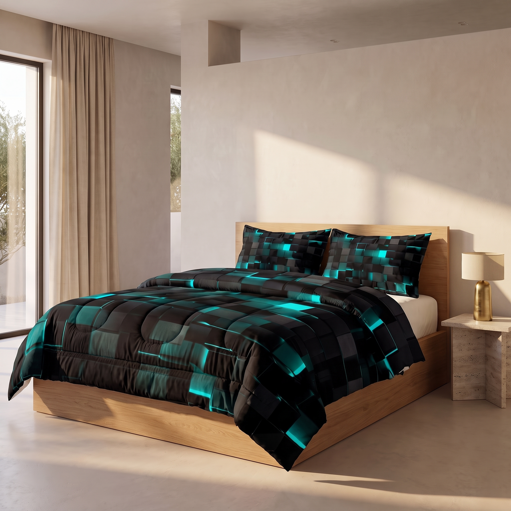 Geometric 3D square duvet set made up neatly on a low bed in a calm plaster bedroom