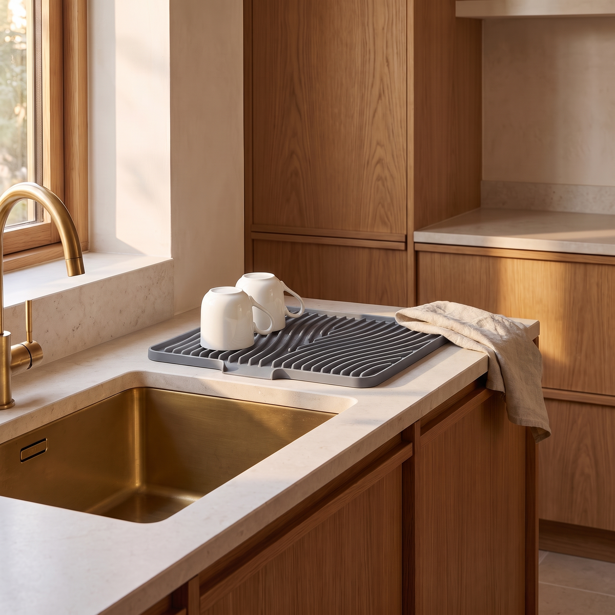 Absorbent countertop drain pad beside a stone kitchen sink with two clean glasses resting on it