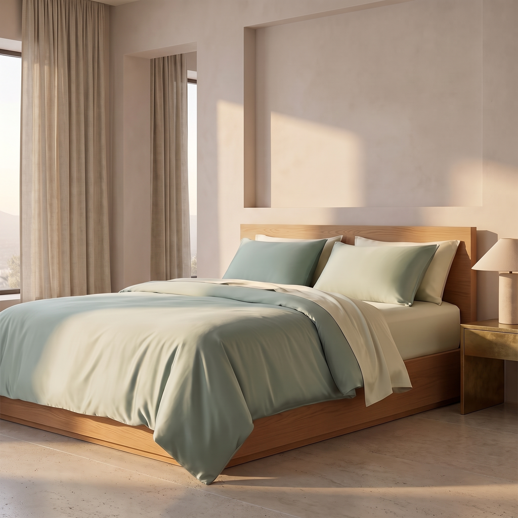 Four piece bamboo bed sheet set crisply made up on a low bed in a pale bedroom