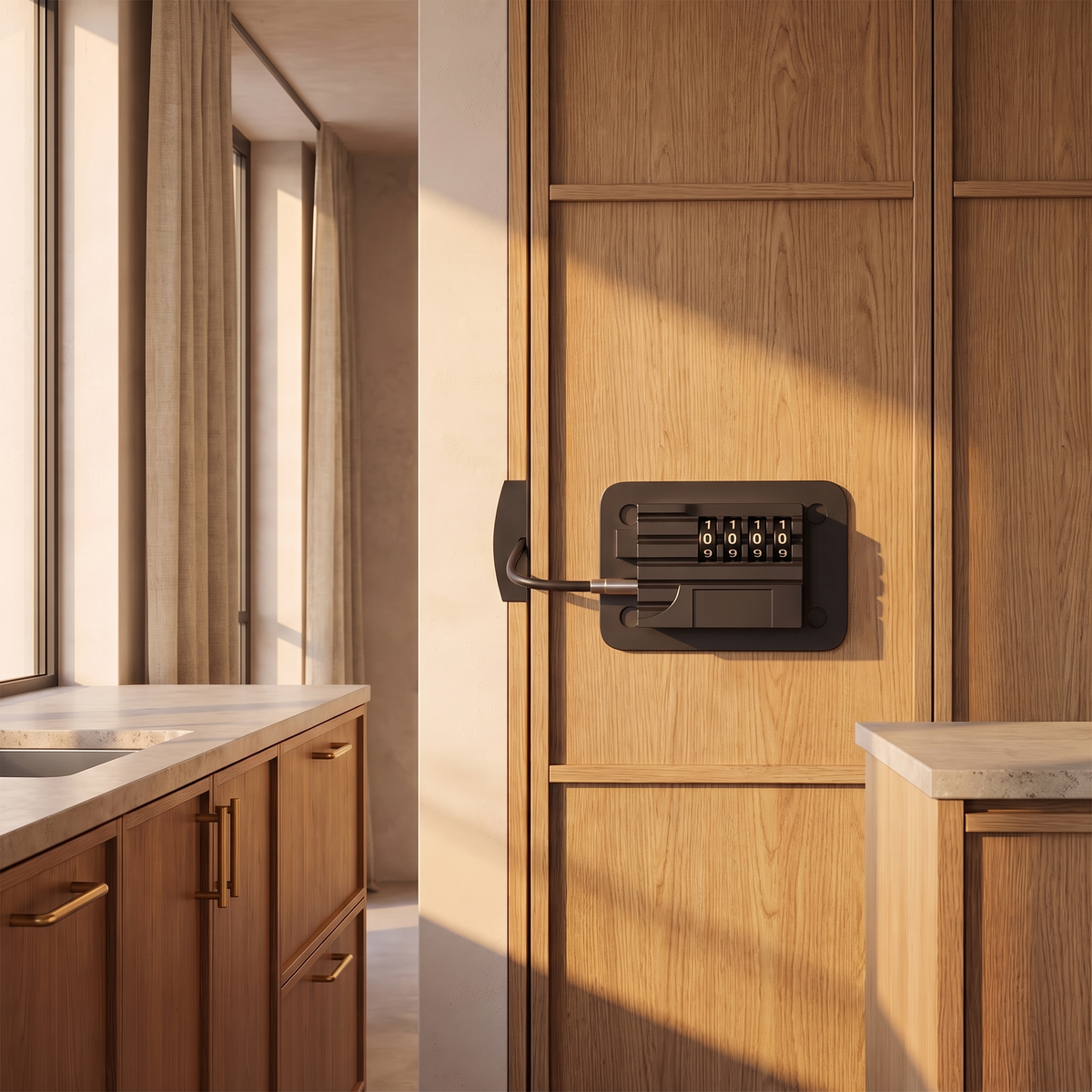 Keyless combination fridge lock fitted to a panelled kitchen cupboard door