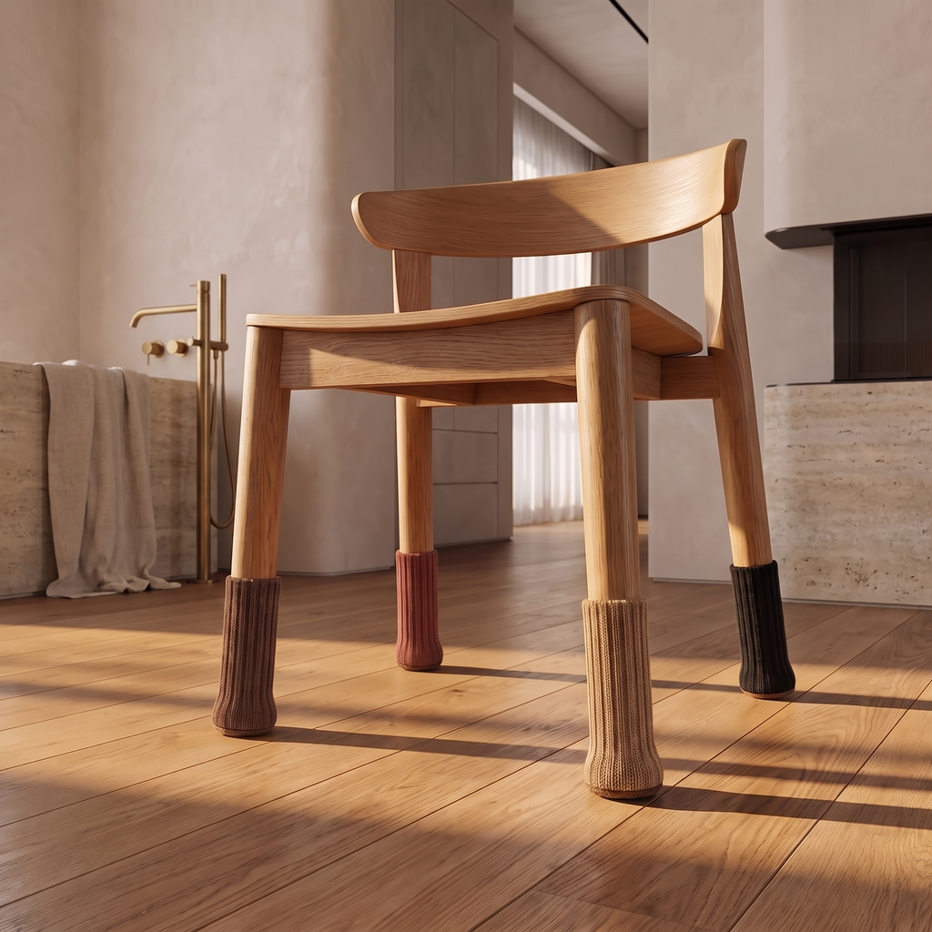 Knitted chair leg socks fitted to the oak leg of a dining chair on a wooden floor