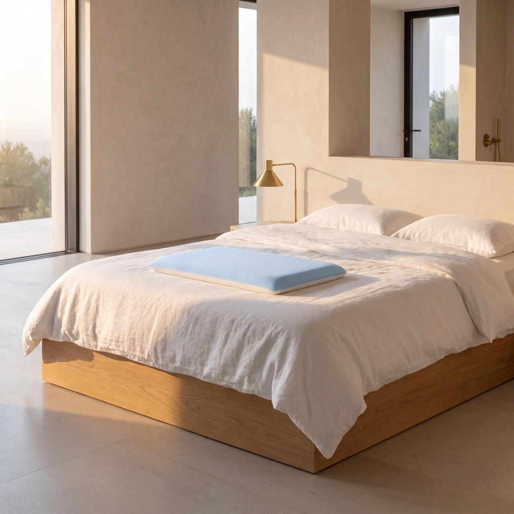 Ultra thin flat memory foam pillow on a neatly made bed with crisp white linen