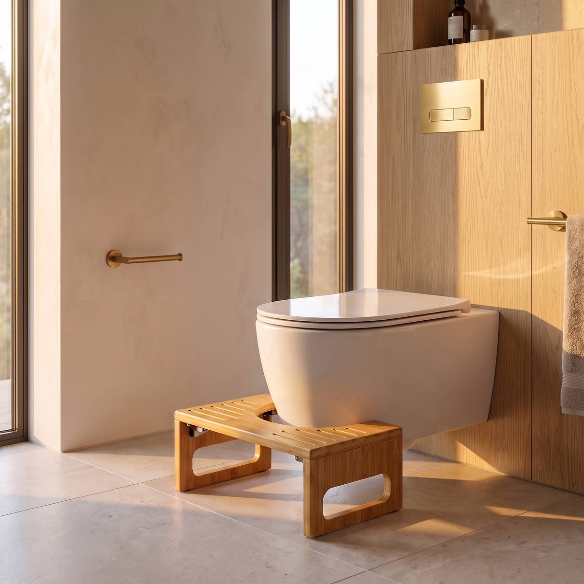 Bamboo foldable toilet step stool on stone flooring in a small panelled cloakroom