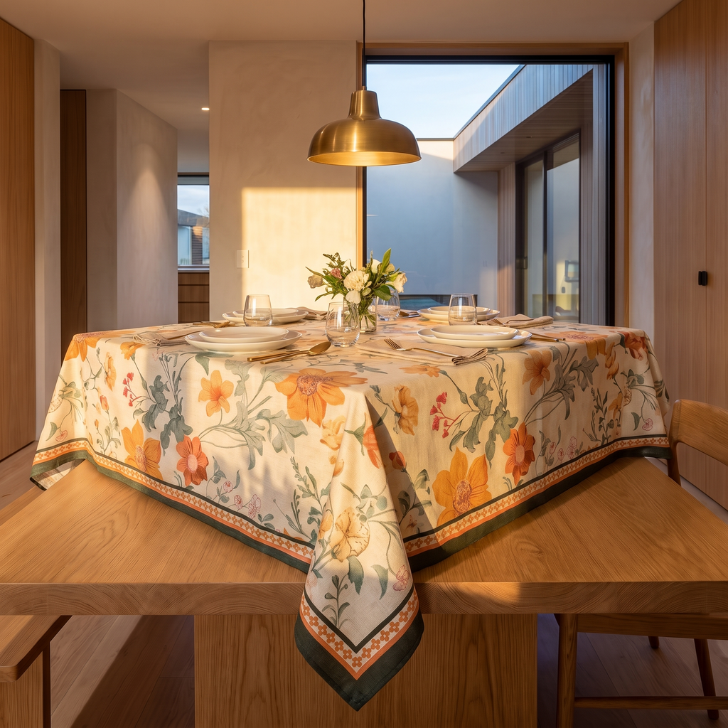 Wipe clean floral tablecloth spread over a dining table laid for lunch