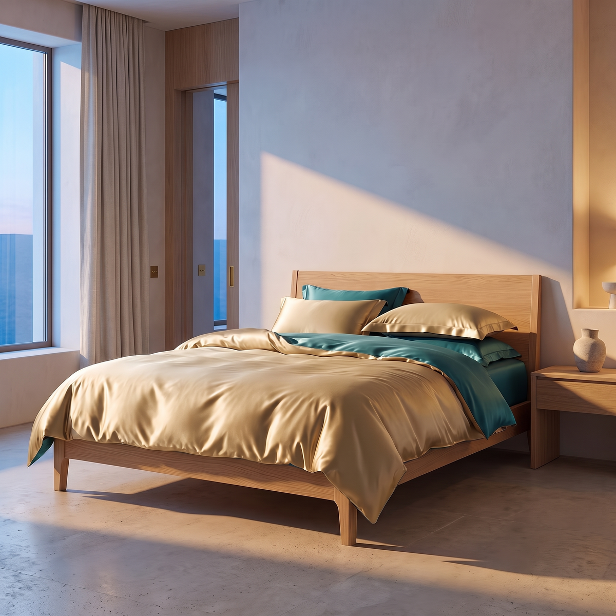 Mulberry silk bedding set made up on a low bed in a softly lit plaster bedroom