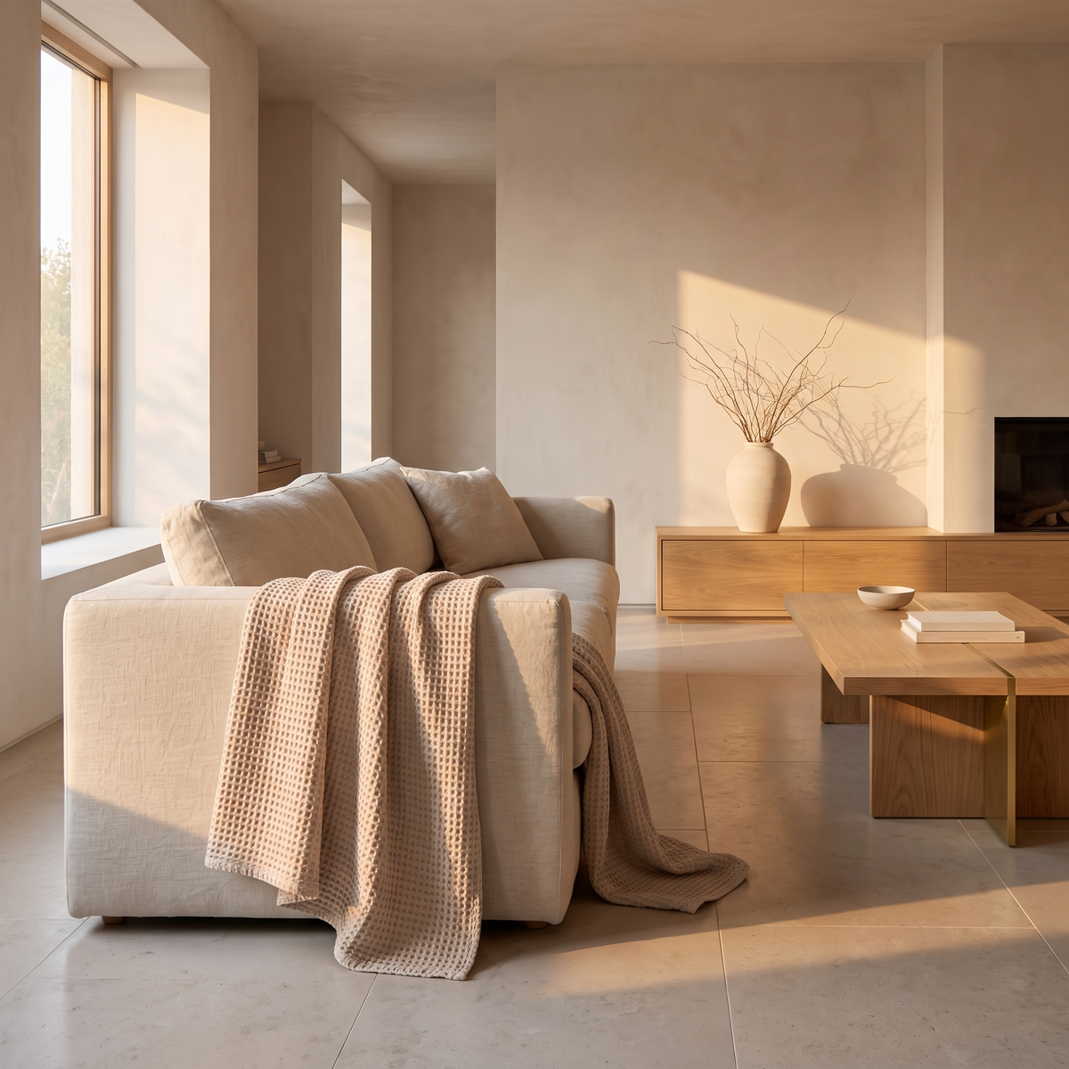 Lightweight cotton waffle blanket draped over the arm of a pale linen sofa