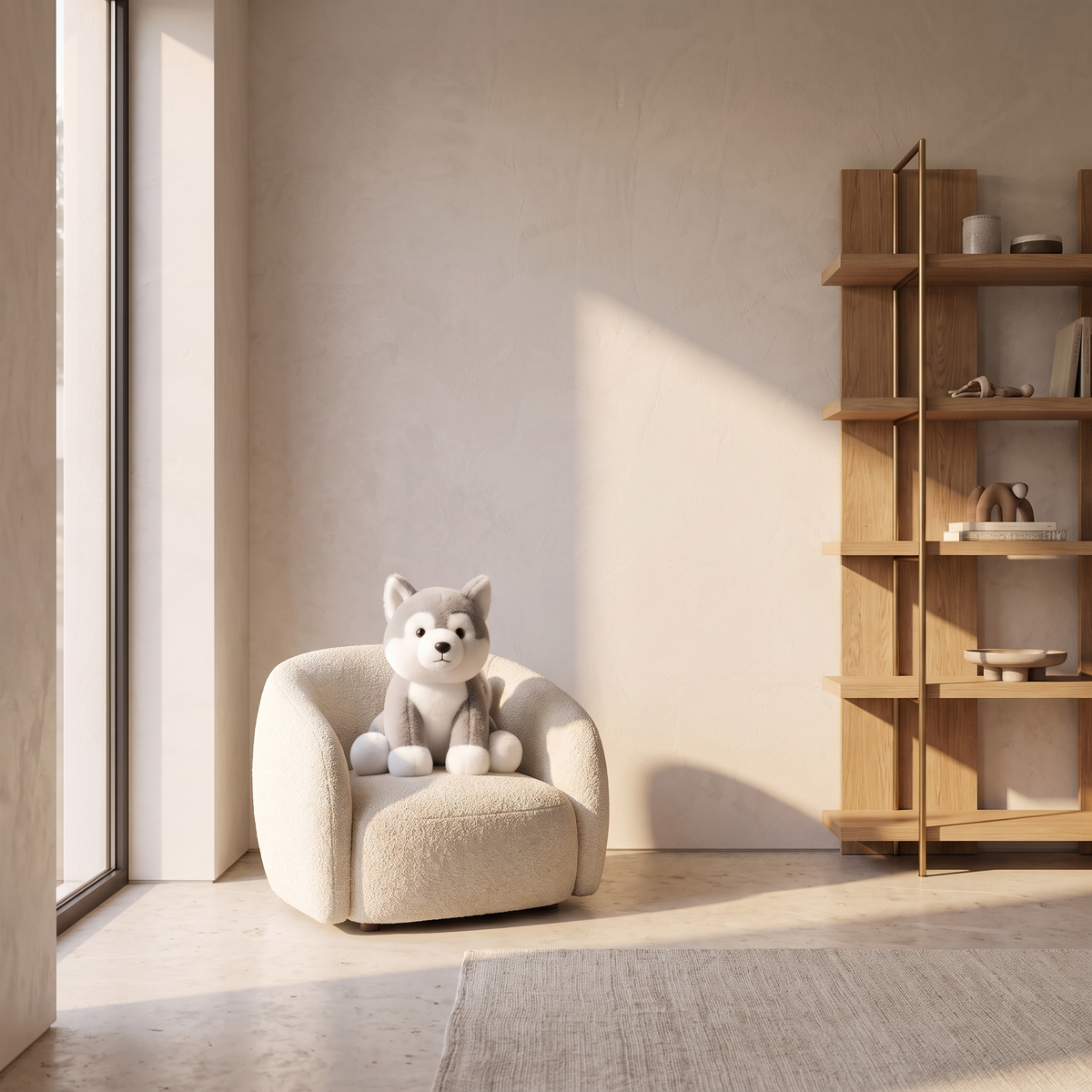 Weighted plush stuffed animal sitting in a small boucle armchair in a child's room