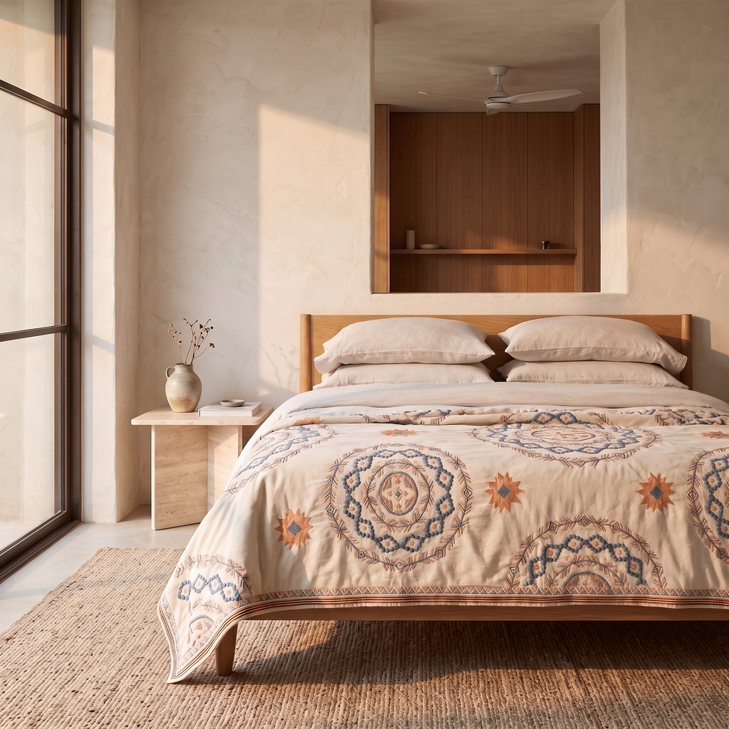 Cotton gauze boho bedspread laid across a bed in a pale plaster bedroom