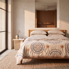 Cotton gauze boho bedspread laid across a bed in a pale plaster bedroom