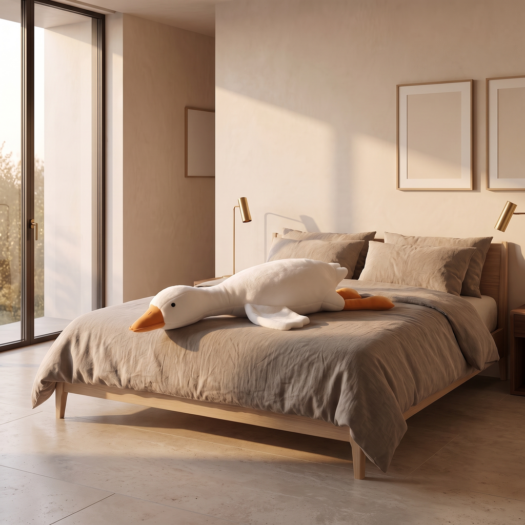 Long novelty goose plush pillow lying along the end of a made linen bed