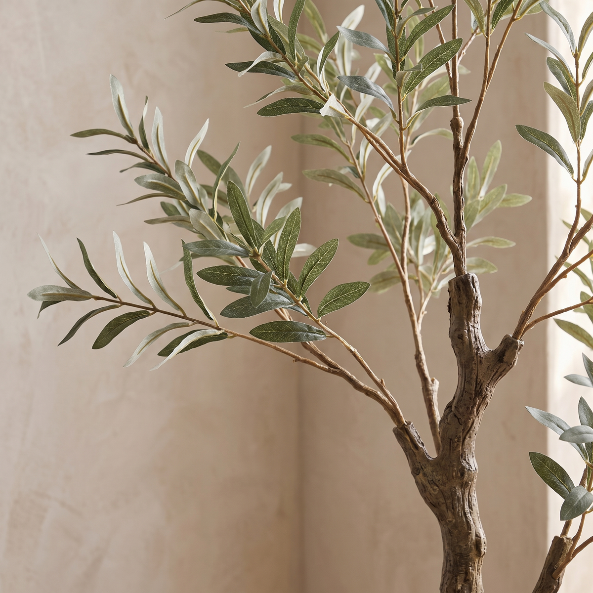 Close detail of the silvered leaves and woody trunk of an artificial olive tree