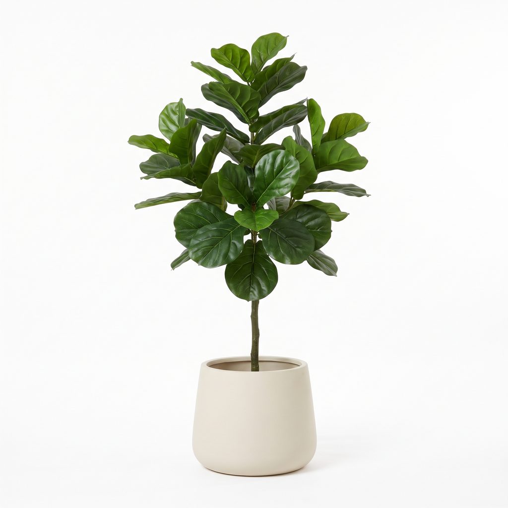 180cm artificial fiddle leaf fig in a cream stoneware planter on a white background