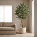 Tall artificial olive tree beside a linen sofa in a large living room