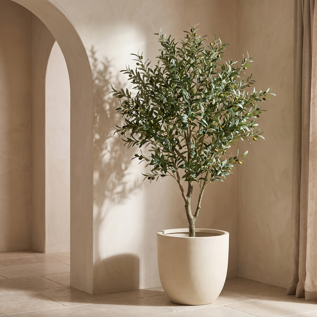 Artificial olive tree beside an arched plaster doorway