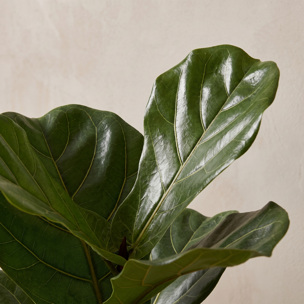 Close detail of broad veined fiddle leaf fig leaves