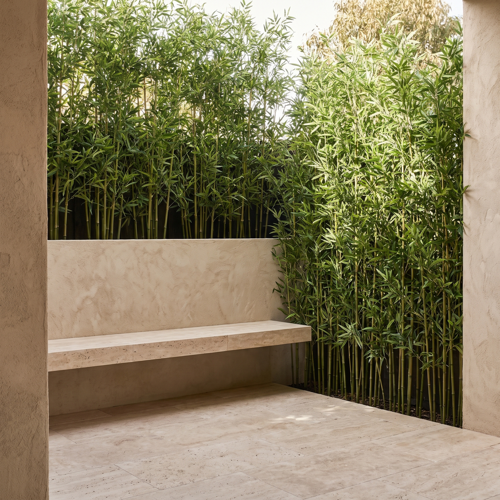 Artificial bamboo screening dividing a small modern courtyard
