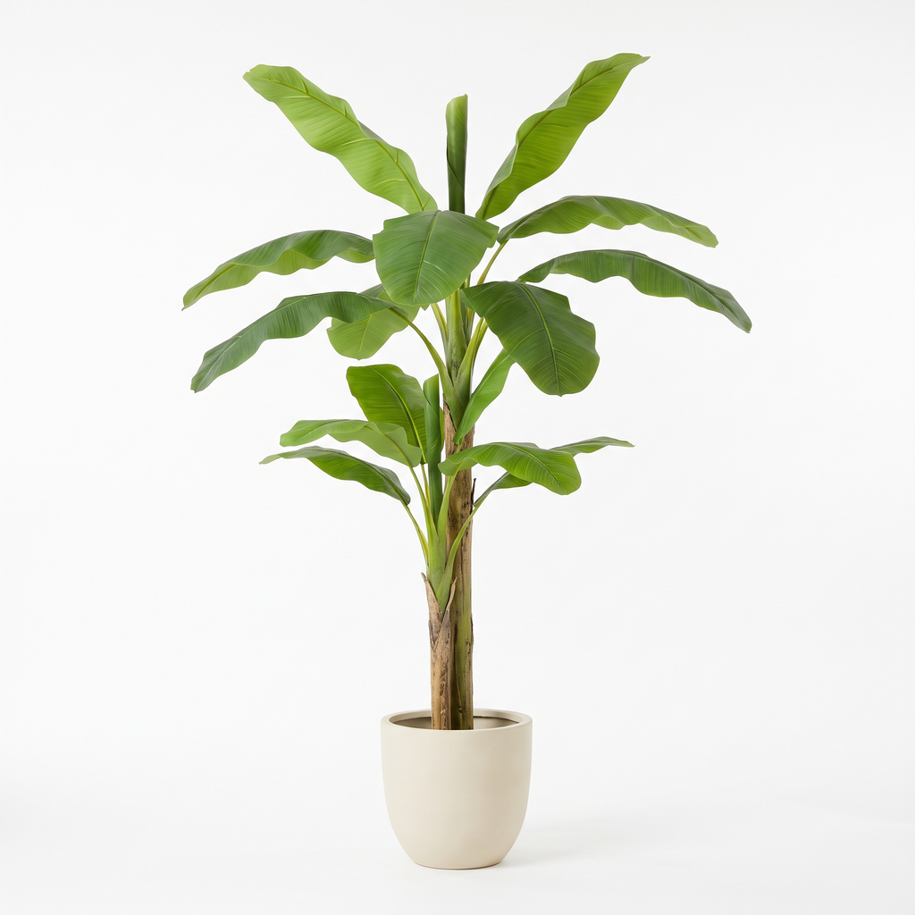 240cm artificial banana tree in a cream stoneware planter on a white background