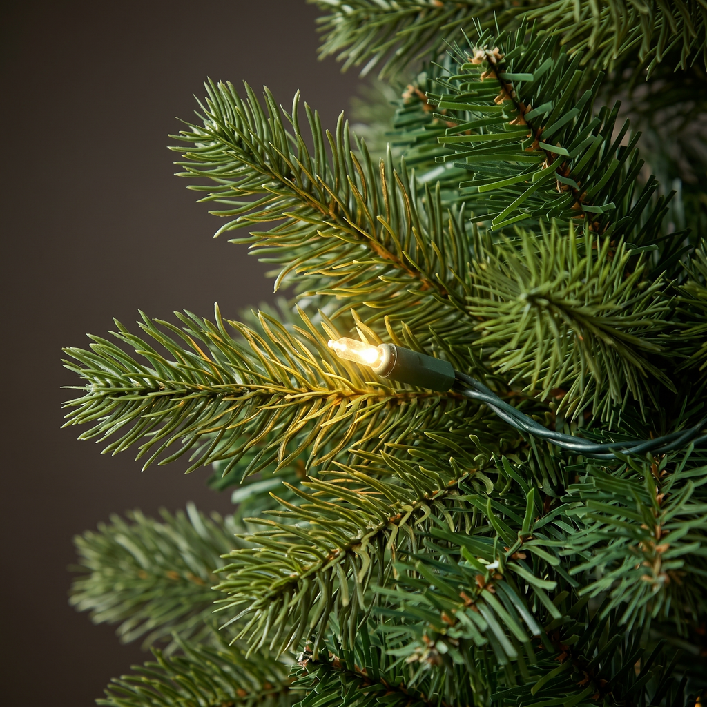 Close detail of Christmas tree branches with a warm white LED among the needles