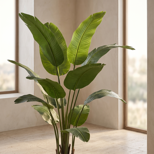 Artificial banana tree beside a large window with daylight through the leaves
