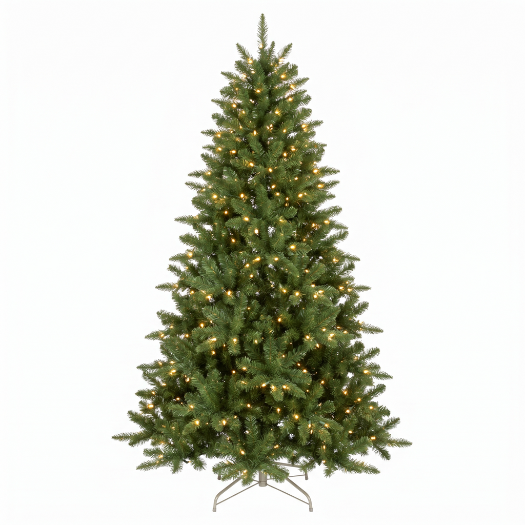 7ft pre lit artificial Christmas tree with warm white lights on a white background