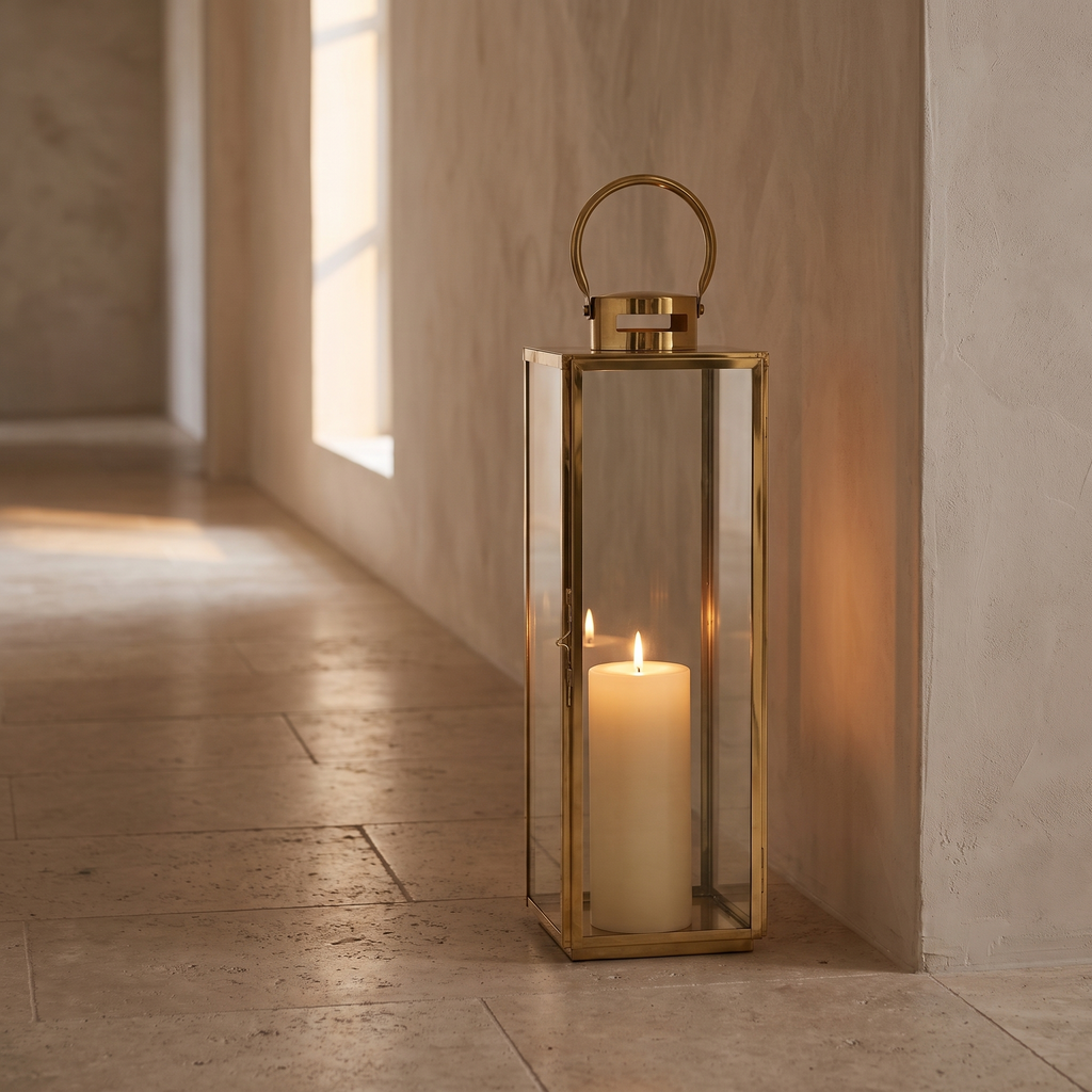 Brass and glass candle lantern lit in a plaster walled hallway on a travertine floor