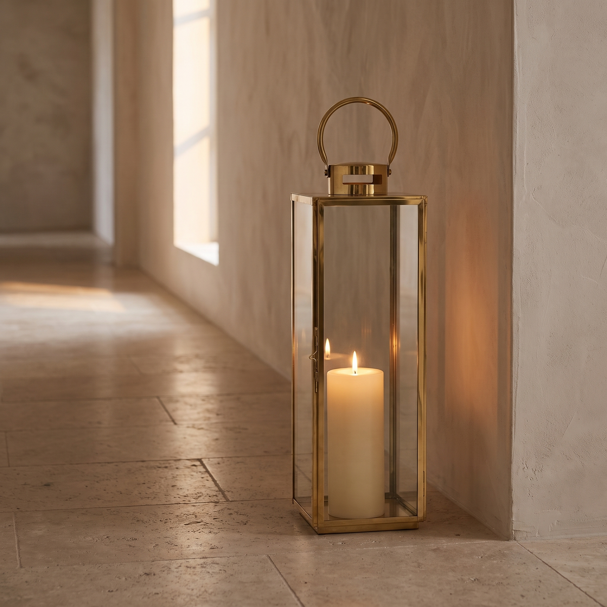 Brass and glass candle lantern lit in a plaster walled hallway on a travertine floor
