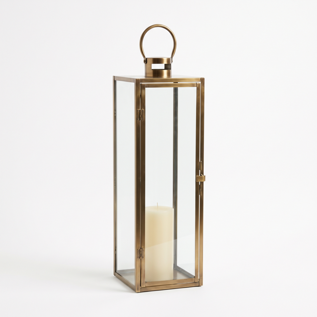 70cm brass and glass floor standing candle lantern on a white background