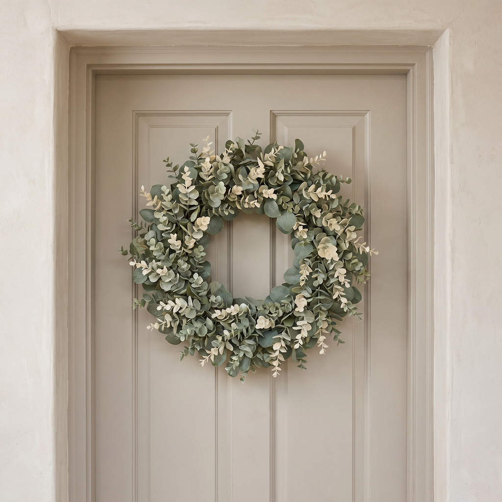 Eucalyptus wreath hanging on a painted front door in a plaster porch