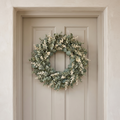 Eucalyptus wreath hanging on a painted front door in a plaster porch