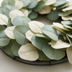 Close detail of a section of artificial eucalyptus wreath