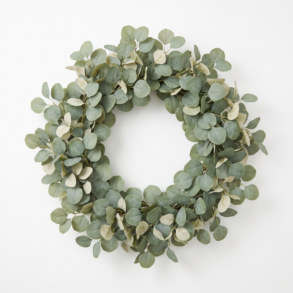 60cm artificial eucalyptus wreath in sage and bone on a white background