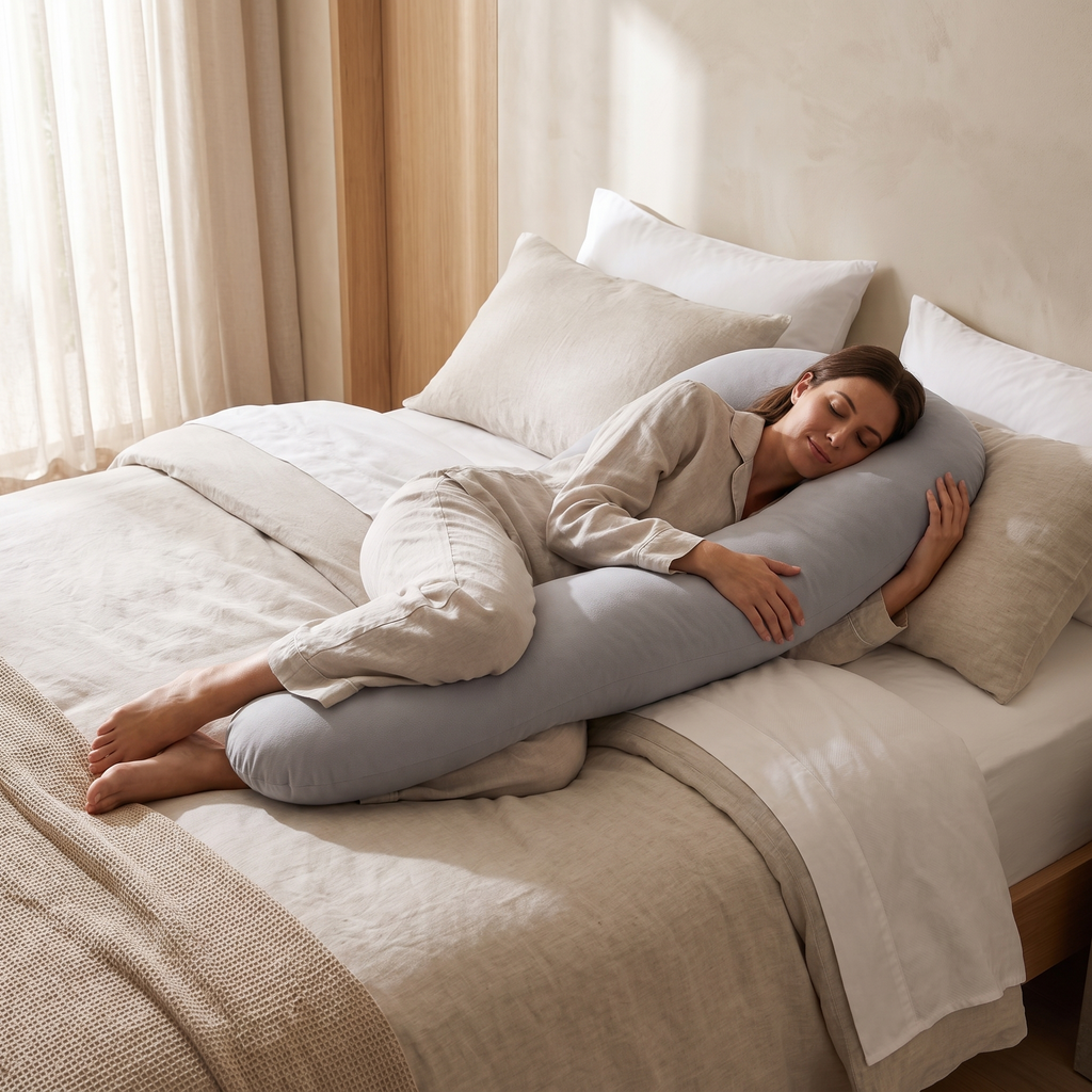 Atelierée Mama Chill body pillow in use, hugged along the body in bed