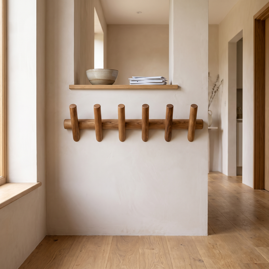 Maeve solid oak wall rack fitted on a hallway wall