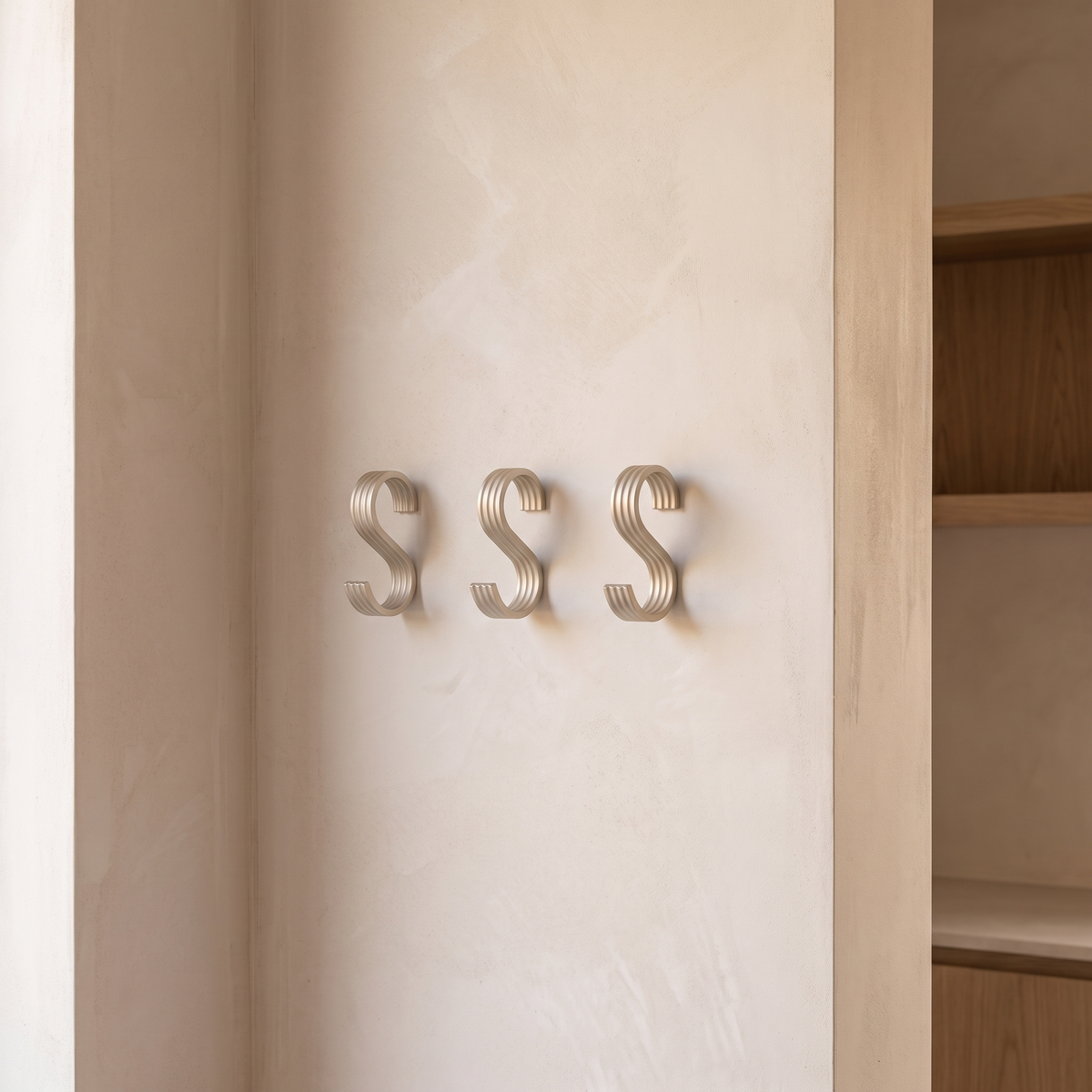 Multipurpose aluminium hooks fitted in a row on a wall