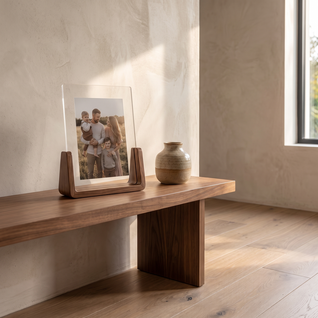 U shaped acrylic and wood photo frame on a living room console table