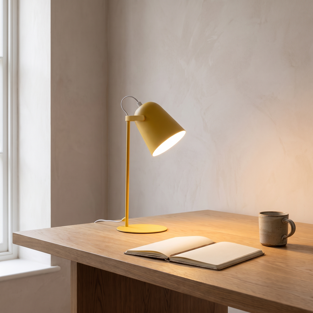 Nordic metal LED desk lamp lit on a home office desk