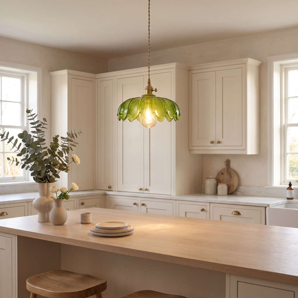 Vintage flower pendant lamp lit above a kitchen breakfast bar