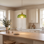 Vintage flower pendant lamp lit above a kitchen breakfast bar