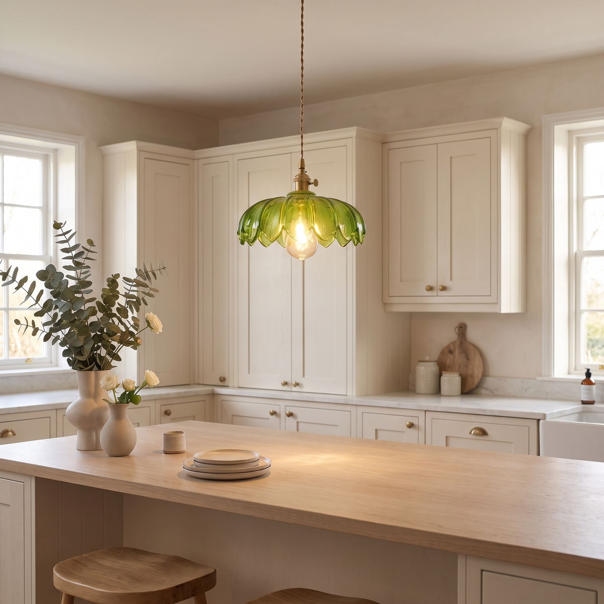 Vintage flower pendant lamp lit above a kitchen breakfast bar