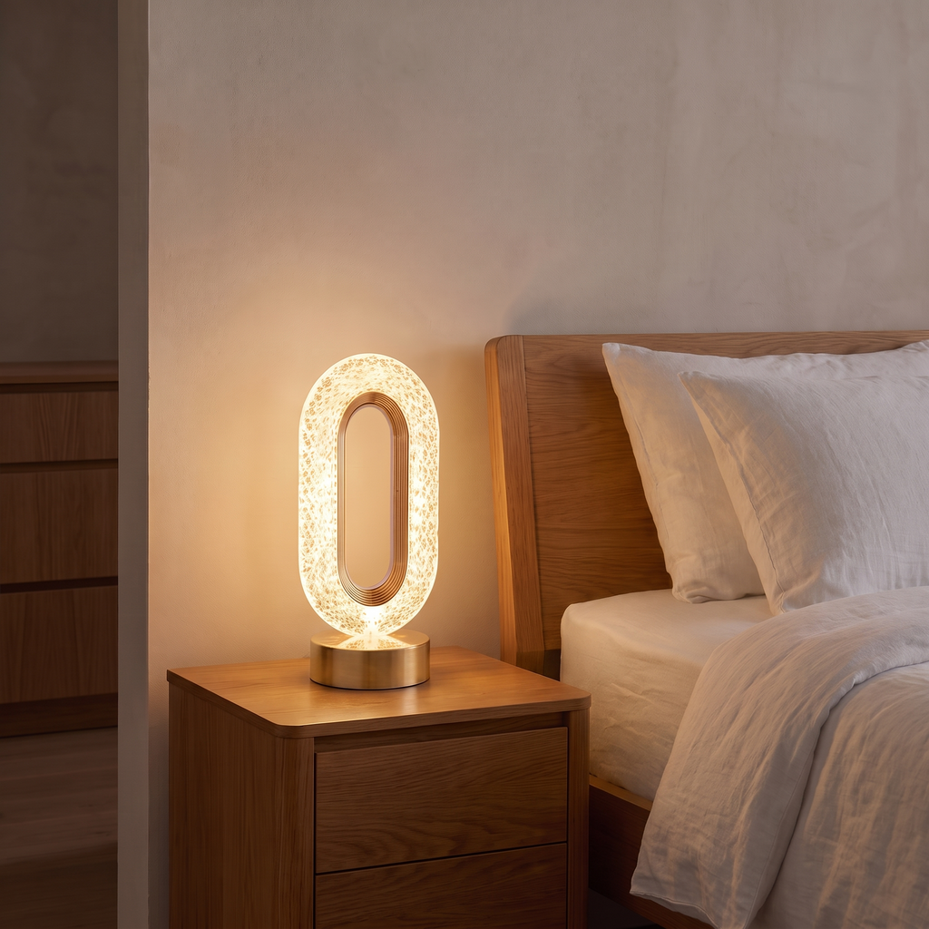 Stellora crystal LED night light glowing on a bedside table