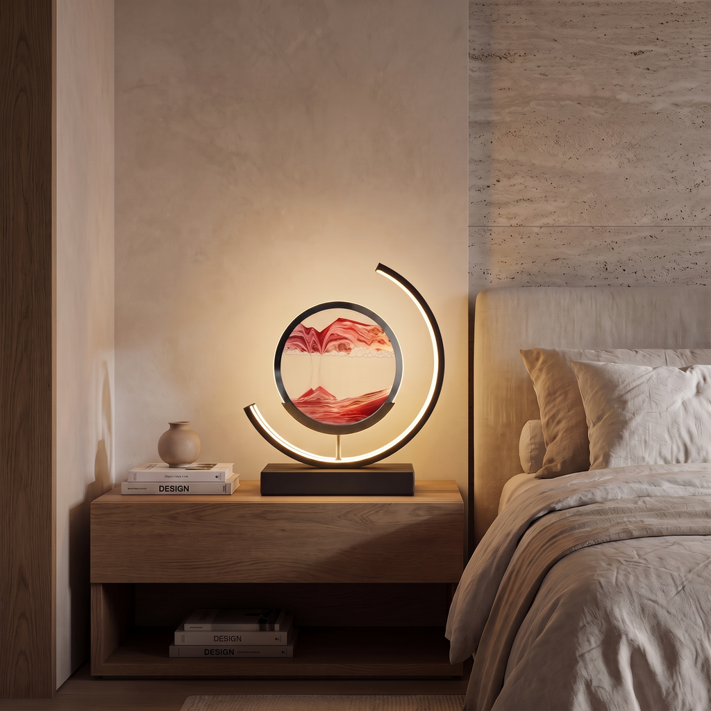 Sandlight quicksand LED table lamp glowing on a bedside table
