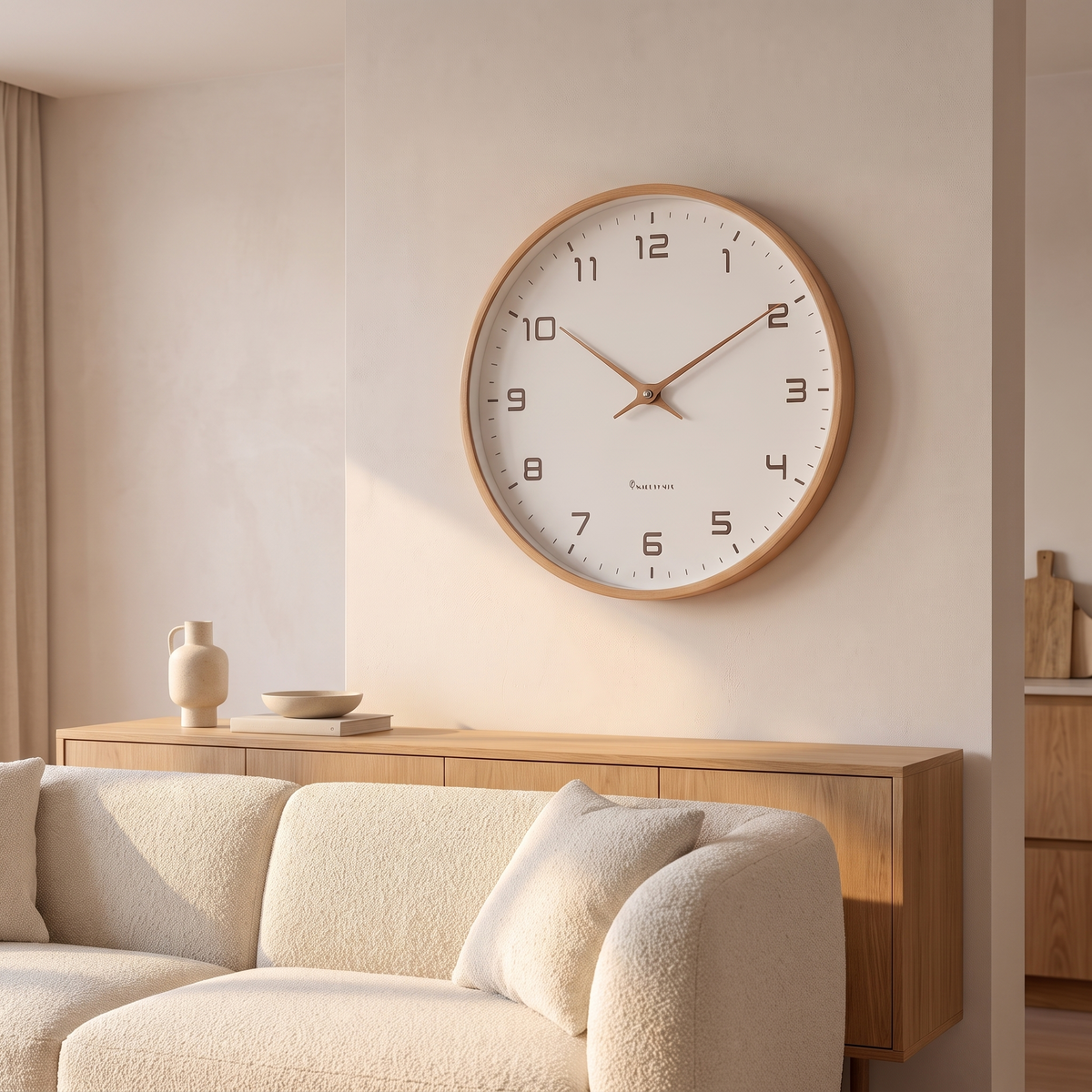 Nordic minimalist wall clock on a living room wall