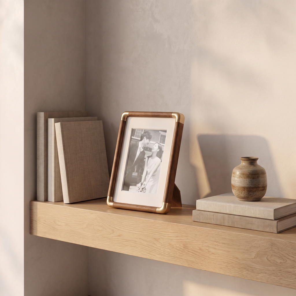 Brooks tabletop photo frame on a living room shelf