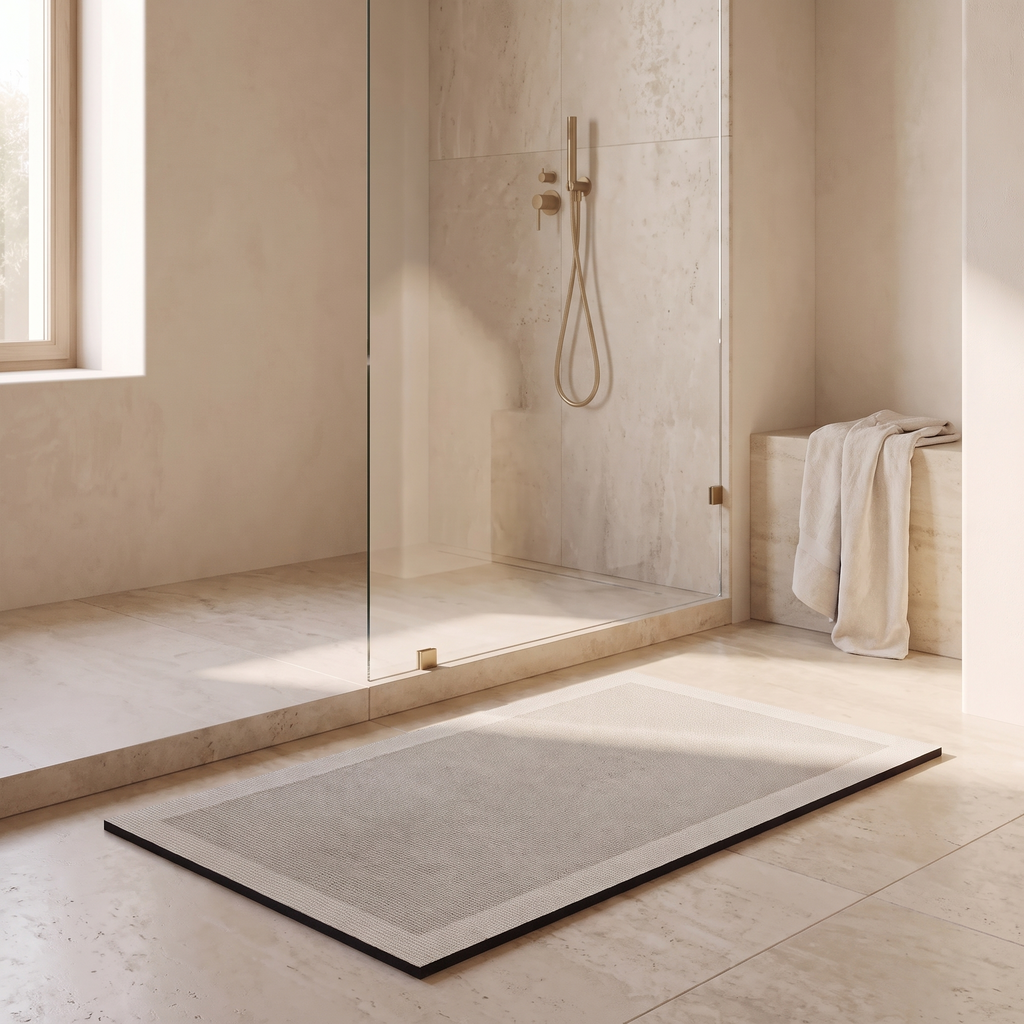 Super absorbent bath mat in front of a walk in shower