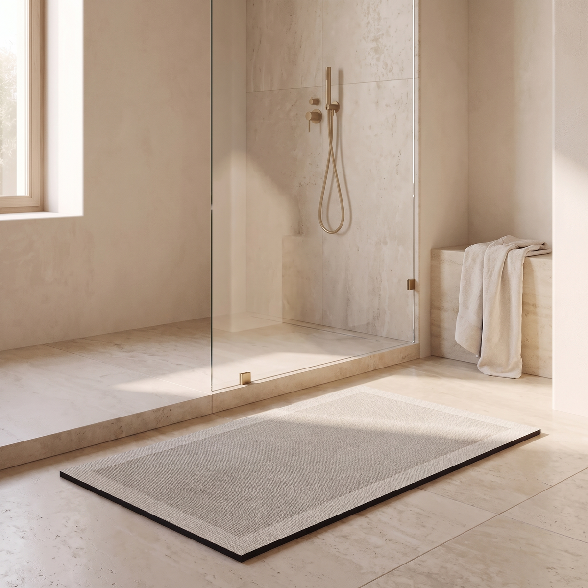 Super absorbent bath mat in front of a walk in shower