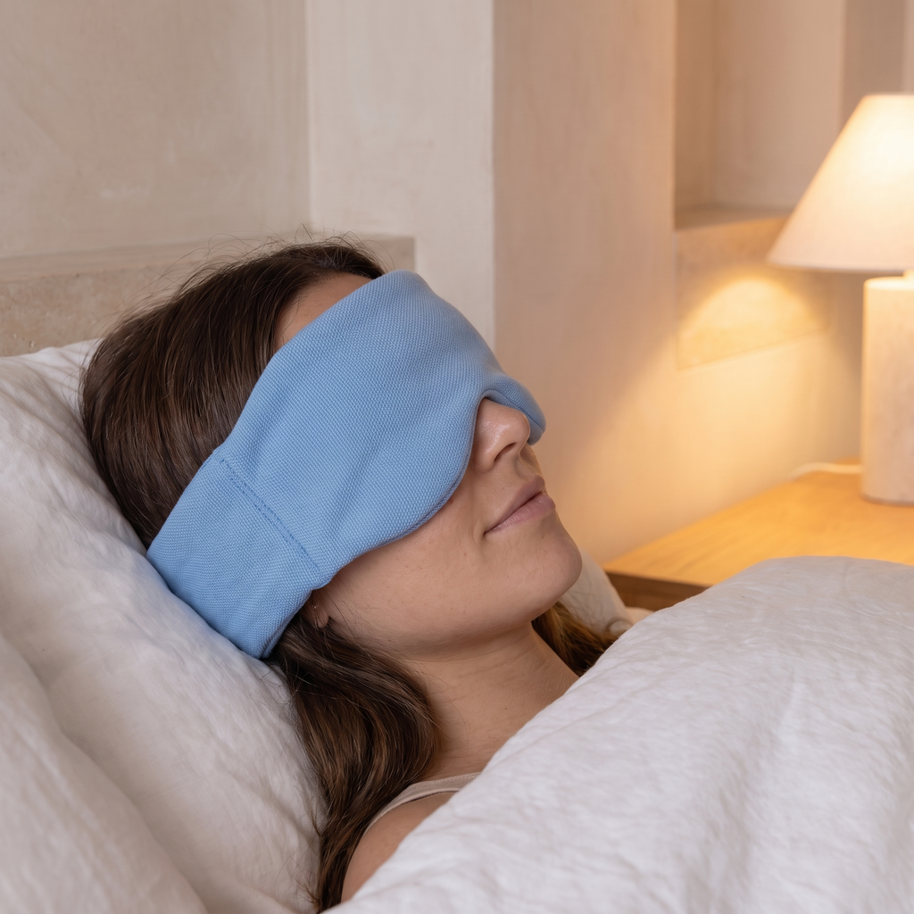 Close detail of the weighted sleep mask resting over the eyes